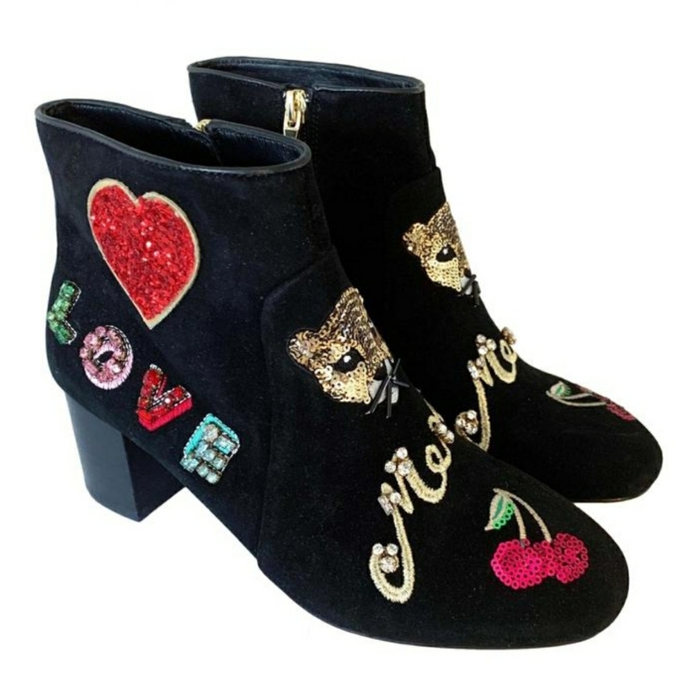 Embellished Black Suede Ankle Boots with Sequin Details